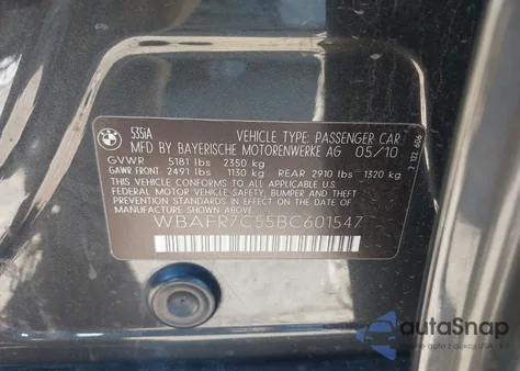 2011 BMW 535I from USA, damaged, VIN WBAFR7C55BC601547